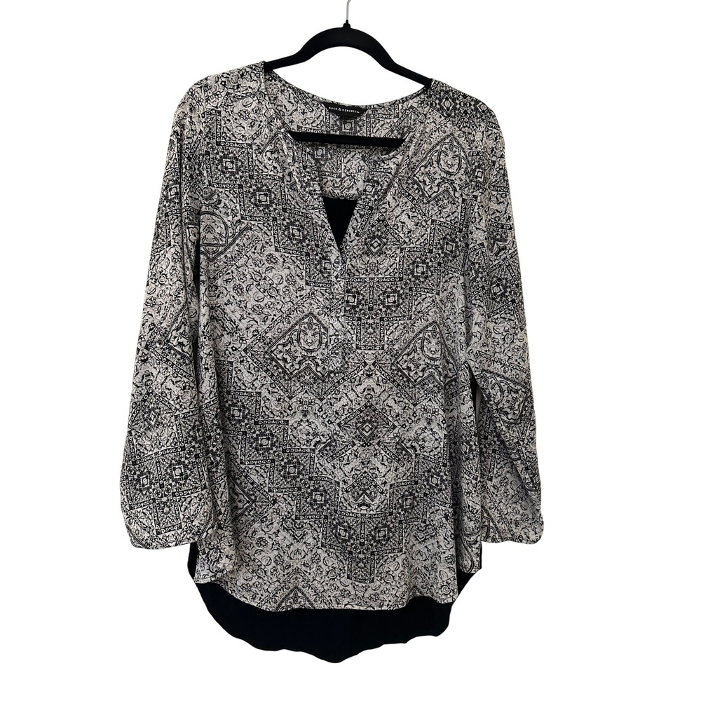 Rock & Republic Women Black White Geometric Studded Mixed Media Top Sz M Grunge